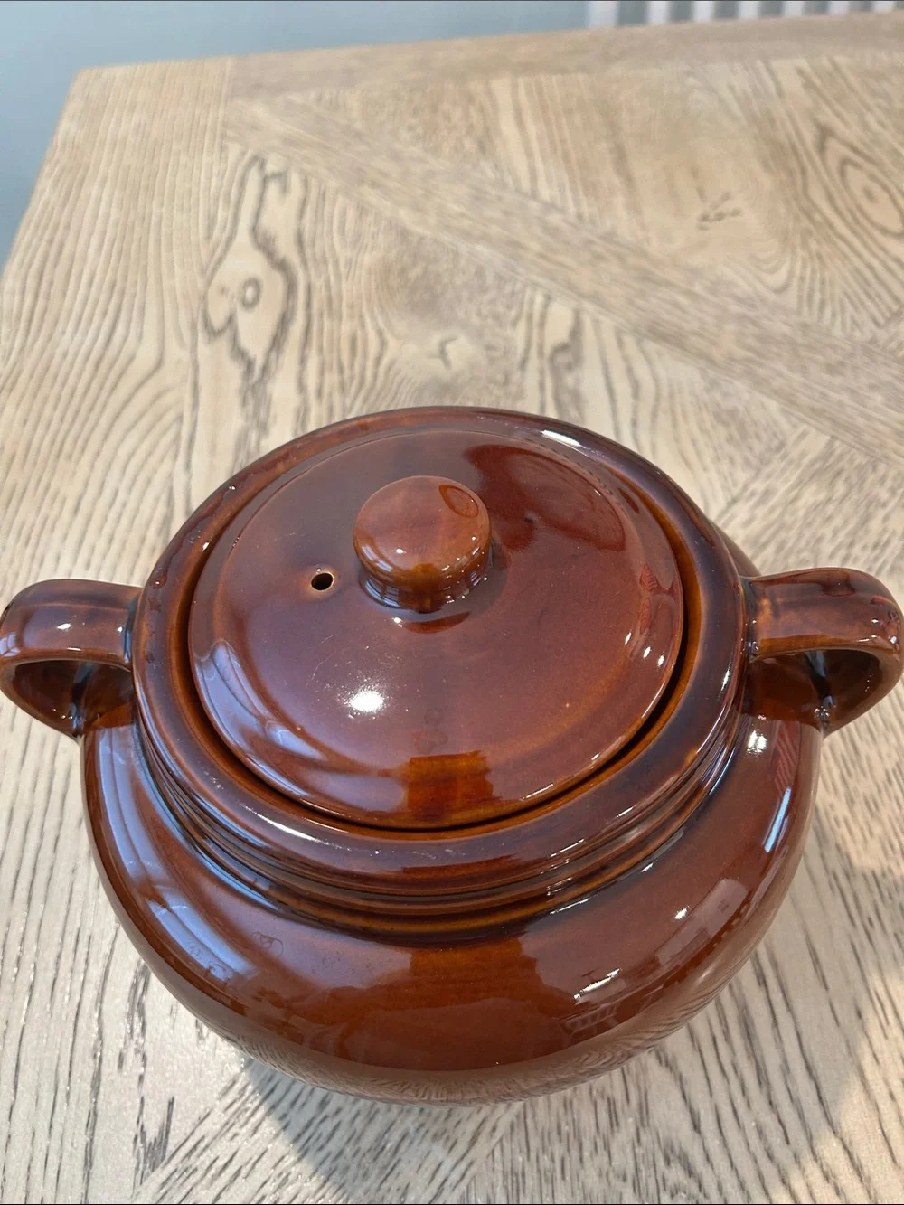 Vintage Brown Glazed Ceramic Covered bean pot
